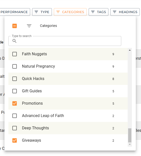 List with "Promotions" and "Giveaways" selected.
