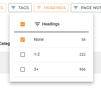 Headings search with "None" selected.
