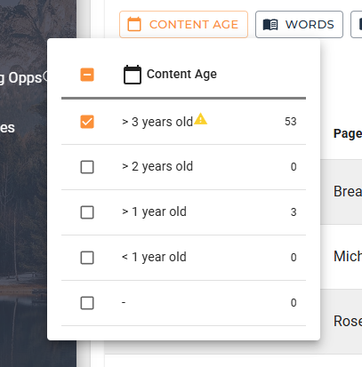 Filtering box with ">3 years old" selected.