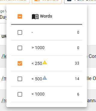 Search box with "<250" selected.